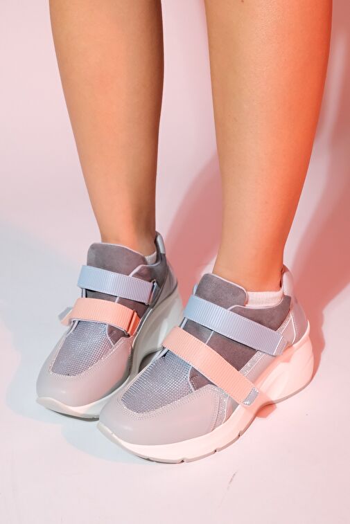 BERGE Buz Multi Kadın Cırtlı Dolgu Taban Spor Sneakers - Görsel 5