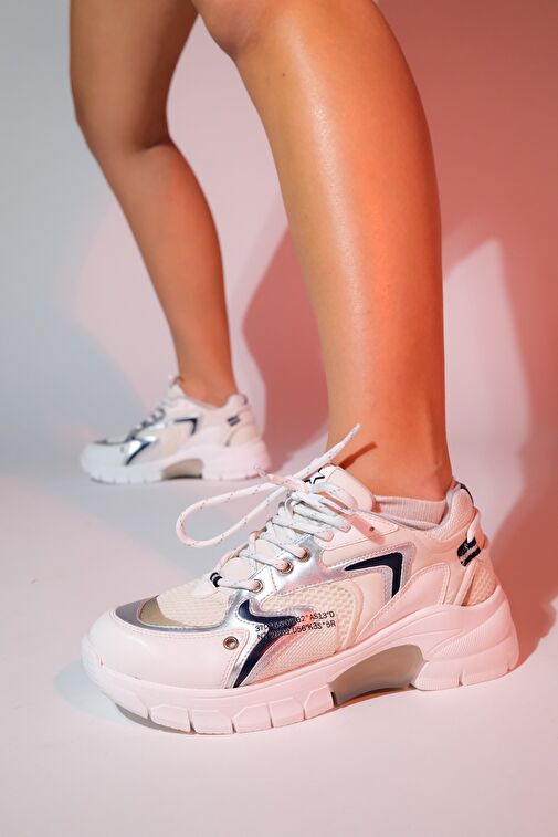 DUJA Beyaz Gümüş Multi Fileli Kadın Kalın Taban Spor Sneakers - Görsel 2