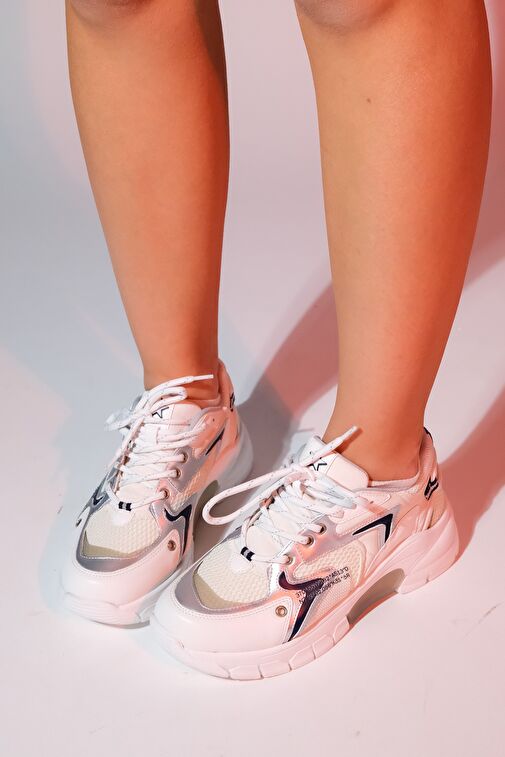 DUJA Beyaz Gümüş Multi Fileli Kadın Kalın Taban Spor Sneakers - Görsel 4