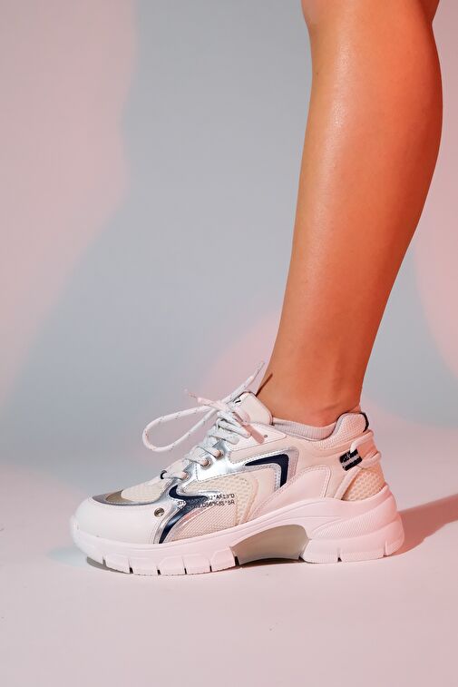 DUJA Beyaz Gümüş Multi Fileli Kadın Kalın Taban Spor Sneakers - Görsel 7