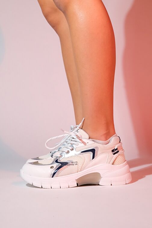 DUJA Beyaz Gümüş Multi Fileli Kadın Kalın Taban Spor Sneakers - Görsel 6