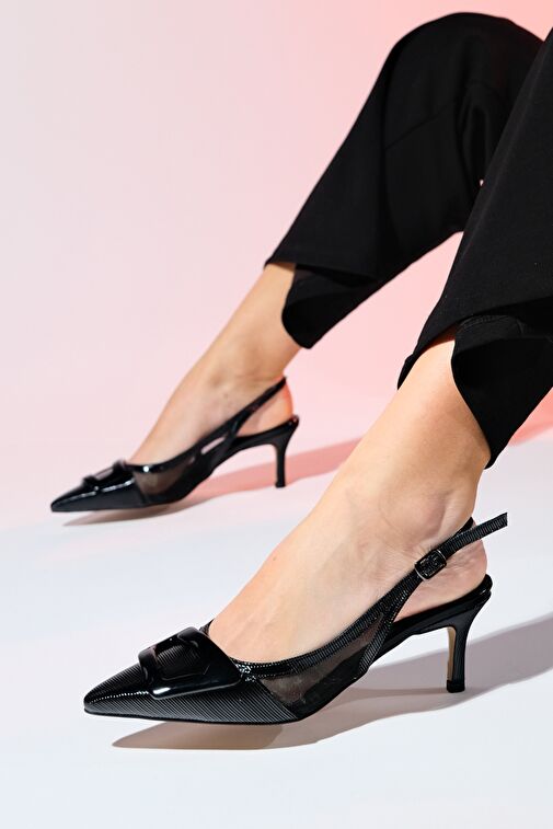 FOLEY Siyah Rugan Çizgili Kadın Sivri Burun Arkası Açık İnce Topuklu Ayakkabı - Görsel 2
