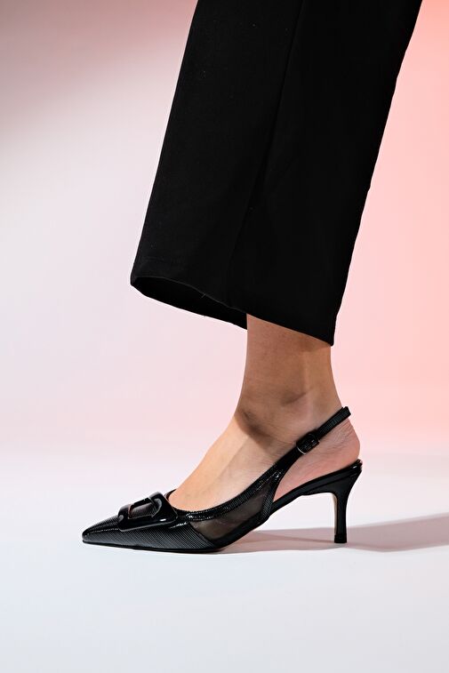 FOLEY Siyah Rugan Çizgili Kadın Sivri Burun Arkası Açık İnce Topuklu Ayakkabı - Görsel 3