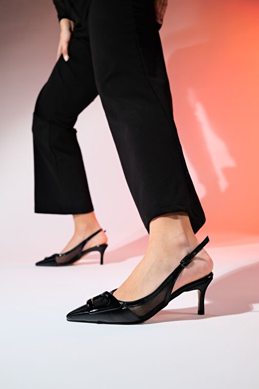 FOLEY Siyah Rugan Çizgili Kadın Sivri Burun Arkası Açık İnce Topuklu Ayakkabı - Görsel 6