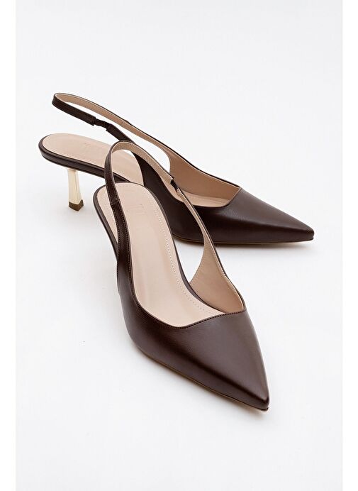 MARTEN Kahve Cilt Kadın Sivri Burun Arkası Açık İnce Topuklu Ayakkabı - Görsel 2