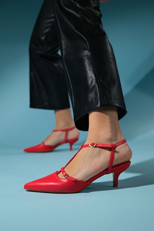 FRANS Kırmızı Cilt Kadın Sivri Burun Arkası Açık Kısa Topuklu Ayakkabı - Görsel 3