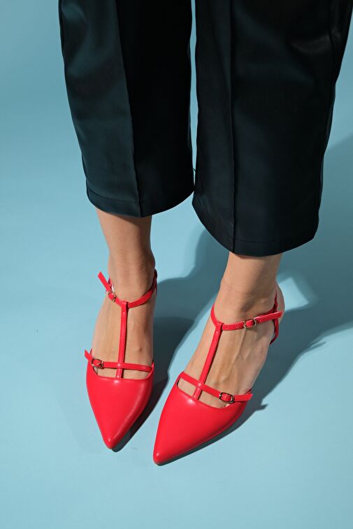 FRANS Kırmızı Cilt Kadın Sivri Burun Arkası Açık Kısa Topuklu Ayakkabı - Görsel 4