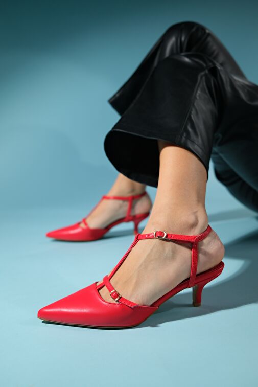 FRANS Kırmızı Cilt Kadın Sivri Burun Arkası Açık Kısa Topuklu Ayakkabı - Görsel 5