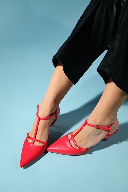 FRANS Kırmızı Cilt Kadın Sivri Burun Arkası Açık Kısa Topuklu Ayakkabı - Görsel 2