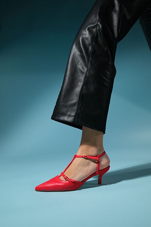 FRANS Kırmızı Cilt Kadın Sivri Burun Arkası Açık Kısa Topuklu Ayakkabı - Görsel 6
