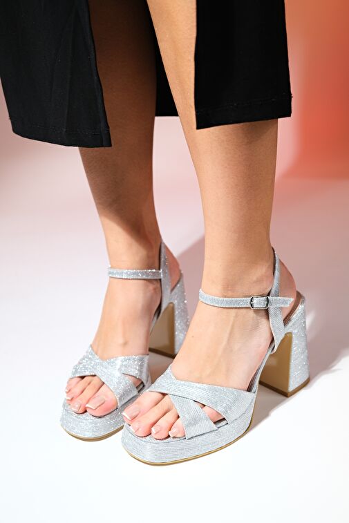 LELLO Gümüş Çizgili Kadın Platform Topuklu Ayakkabı - Görsel 5