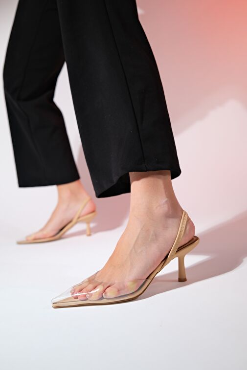 NELSON Bej Şeffaf Kadın Sivri Burun Arkası Açık İnce Topuklu Ayakkabı - Görsel 4