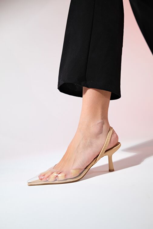 NELSON Bej Şeffaf Kadın Sivri Burun Arkası Açık İnce Topuklu Ayakkabı - Görsel 5