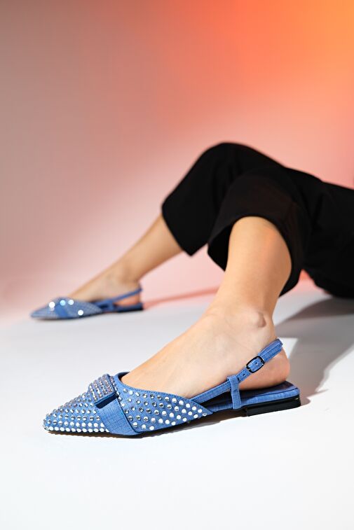 KELP Kot Mavi Taşlı Kadın Düz Sandalet - Görsel 3