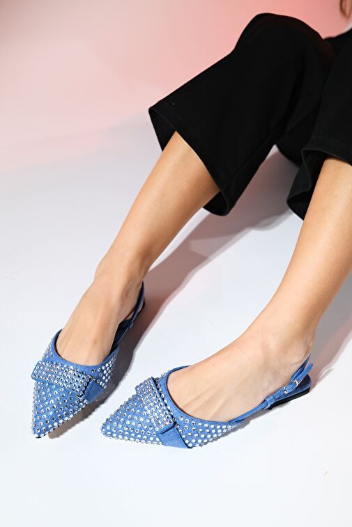 KELP Kot Mavi Taşlı Kadın Düz Sandalet - Görsel 4