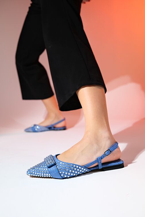 KELP Kot Mavi Taşlı Kadın Düz Sandalet - Görsel 6