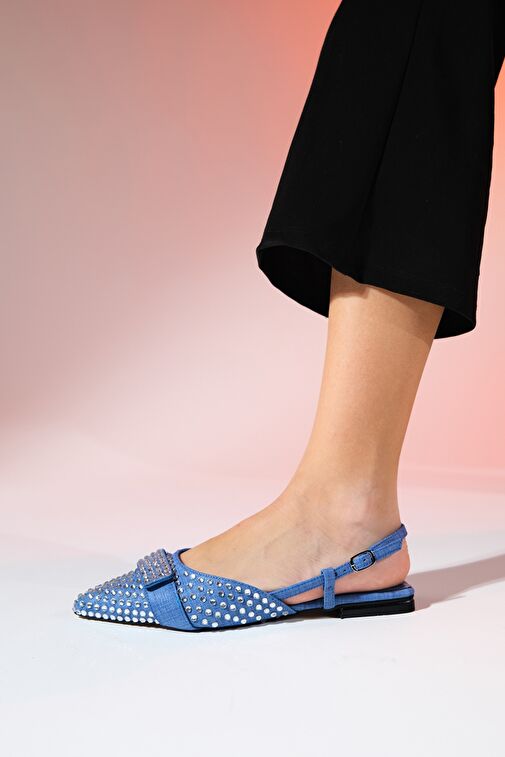 KELP Kot Mavi Taşlı Kadın Düz Sandalet - Görsel 7
