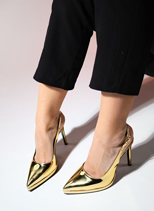 SANTA Altın Ayna Kadın Sivri Burun Platform Topuklu Ayakkabı - Görsel 3