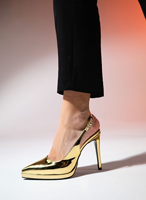 SANTA Altın Ayna Kadın Sivri Burun Platform Topuklu Ayakkabı - Görsel 4