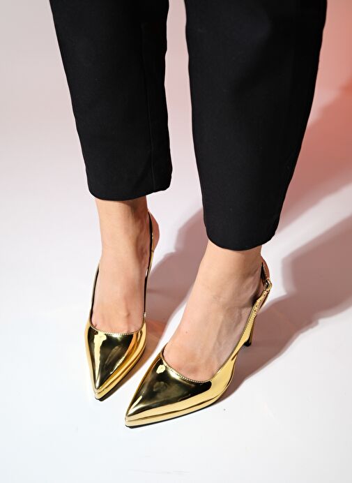 SANTA Altın Ayna Kadın Sivri Burun Platform Topuklu Ayakkabı - Görsel 7