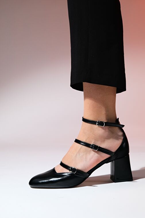 BEIN Siyah Cilt Kadın Kalın Topuklu Ayakkabı - Görsel 4