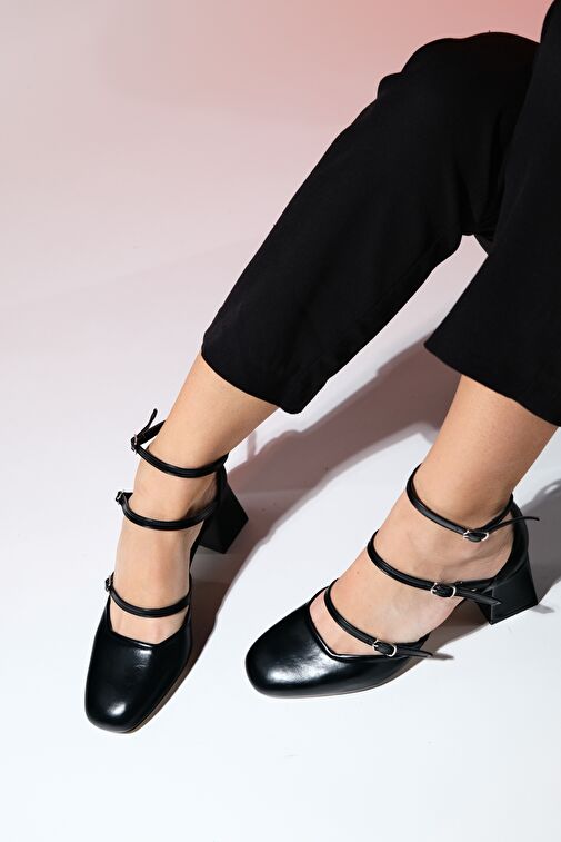 BEIN Siyah Cilt Kadın Kalın Topuklu Ayakkabı - Görsel 6