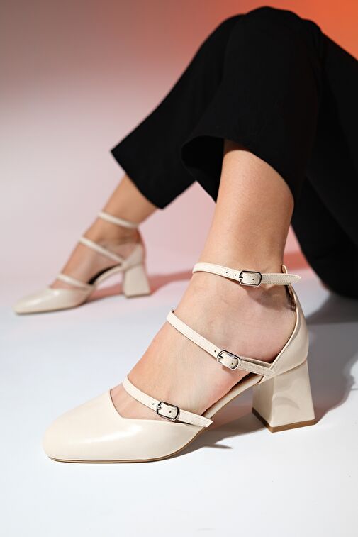 BEIN Bej Cilt Kadın Kalın Topuklu Ayakkabı - Görsel 4