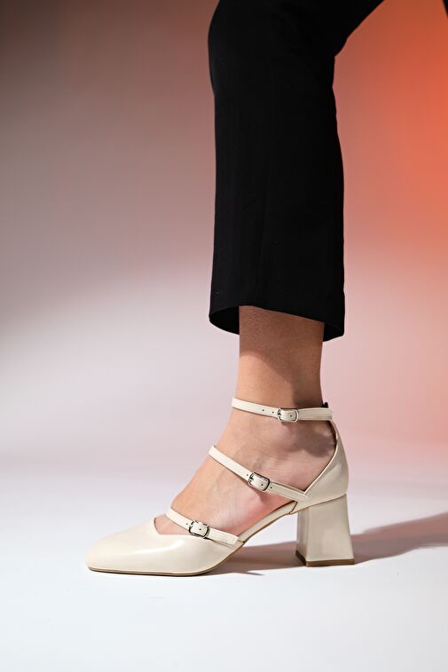 BEIN Bej Cilt Kadın Kalın Topuklu Ayakkabı - Görsel 5