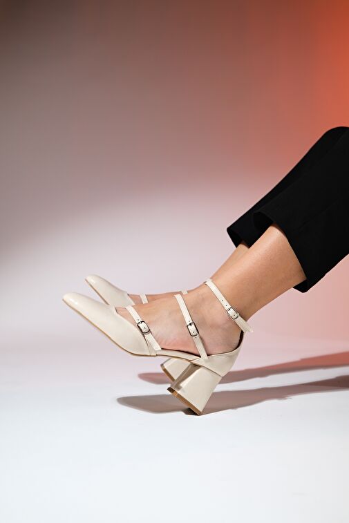 BEIN Bej Cilt Kadın Kalın Topuklu Ayakkabı - Görsel 6