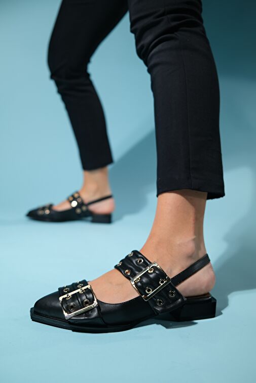 PALOMA Siyah Cilt Altın Tokalı Kadın Sandalet - Görsel 3