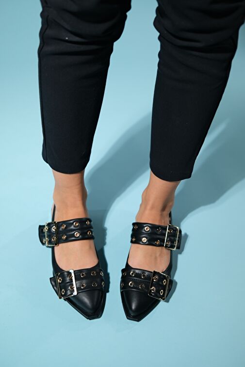 PALOMA Siyah Cilt Altın Tokalı Kadın Sandalet - Görsel 4