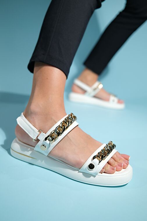 LOKET Beyaz Zincir Detaylı Kadın Sandalet - Görsel 8