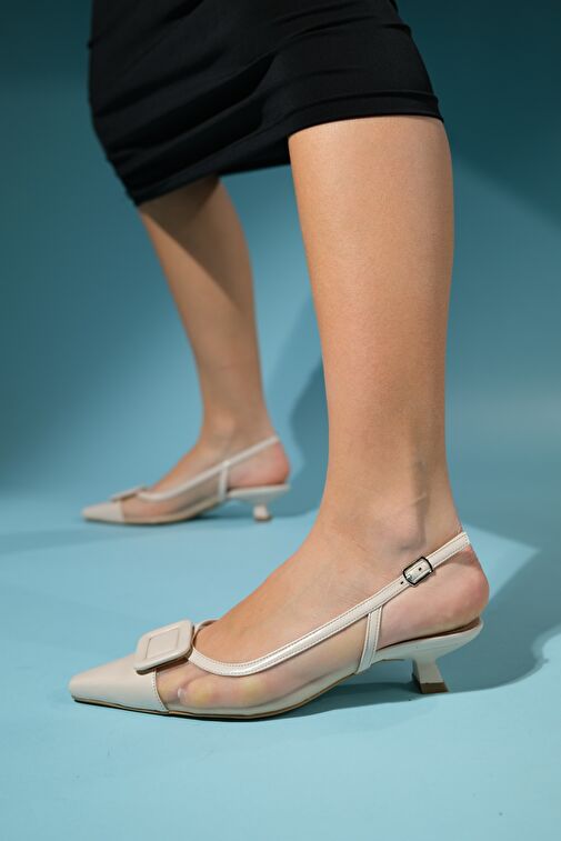 AMORA Bej Tokalı Kadın Kısa Topuklu Ayakkabı - Görsel 3