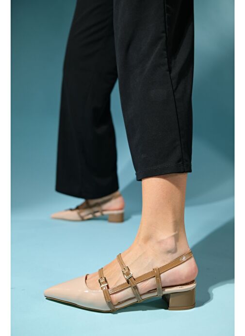 CENOVA Bej-Kahve Rugan Kadın Topuklu Sandalet - Görsel 6