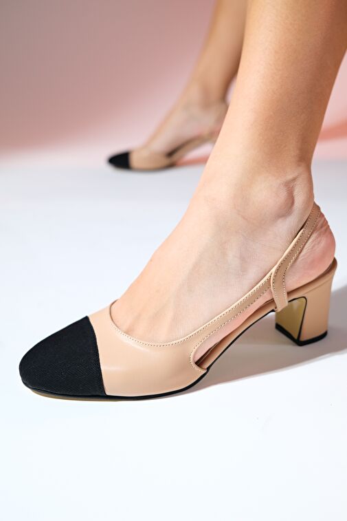 S3 Bej Cilt Siyah Kadın Burnu Kapalı Kalın Topuklu Sandalet - Görsel 7