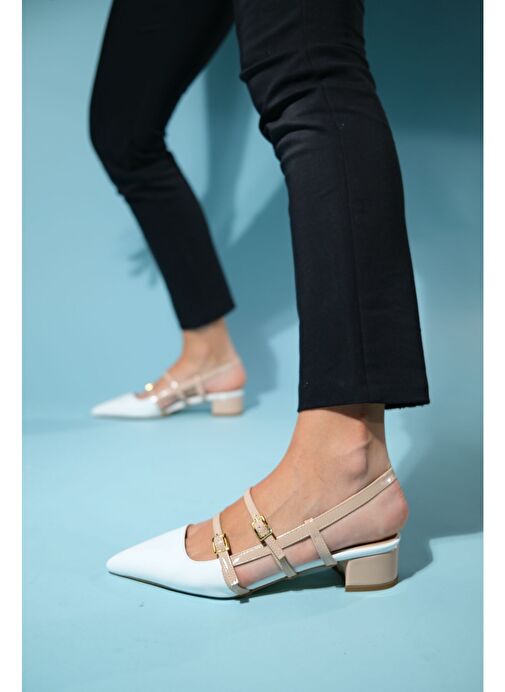 CENOVA Beyaz-Bej Rugan Kadın Topuklu Sandalet - Görsel 3