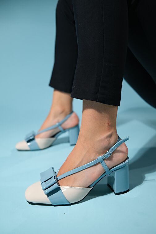 Luvi Shoes Mavi-Bej Kadın Rugan Topuklu Ayakkabı 124-6886 - Görsel 5