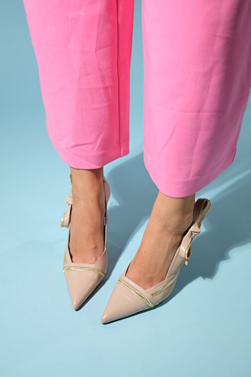 GLEN Bej Cilt Fermuar Detaylı Kadın Yüksek Topuklu Ayakkabı - Görsel 6