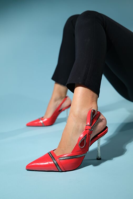 GLEN Kırmızı Cilt Fermuar Detaylı Kadın Yüksek Topuklu Ayakkabı - Görsel 3