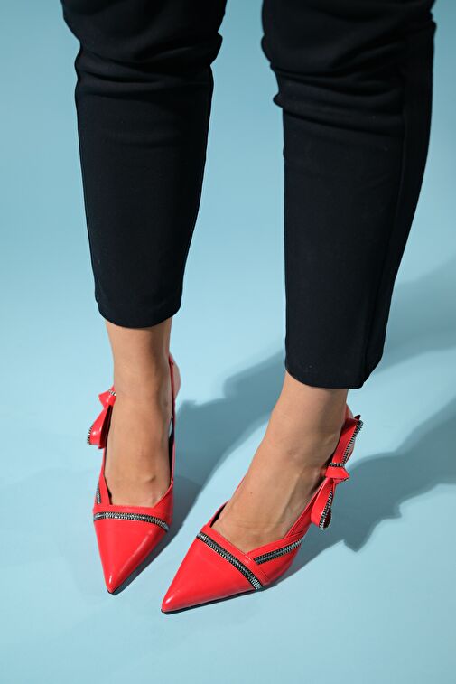 GLEN Kırmızı Cilt Fermuar Detaylı Kadın Yüksek Topuklu Ayakkabı - Görsel 6