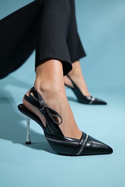 GLEN Siyah Cilt Fermuar Detaylı Kadın Yüksek Topuklu Ayakkabı - Görsel 2