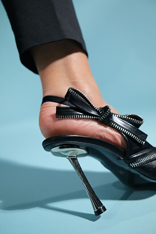 GLEN Siyah Cilt Fermuar Detaylı Kadın Yüksek Topuklu Ayakkabı - Görsel 3