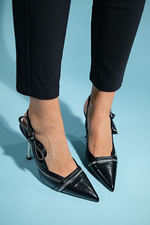 GLEN Siyah Cilt Fermuar Detaylı Kadın Yüksek Topuklu Ayakkabı - Görsel 4