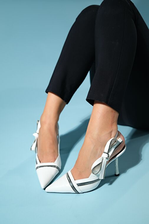 GLEN Beyaz Cilt Fermuar Detaylı Kadın Yüksek Topuklu Ayakkabı - Görsel 6