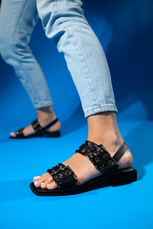 BLOB Siyah Cilt Altın Tokalı Kadın Sandalet - Görsel 6