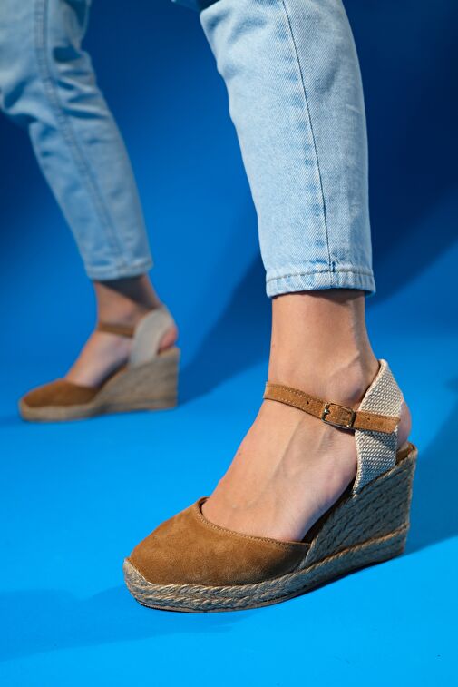 Luvi Shoes Kot Mavi Kadın Süet - Hasır Topuklu Sandalet 170-5001 - Görsel 2