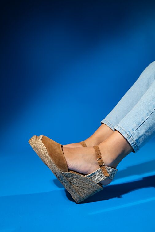 Luvi Shoes Kot Mavi Kadın Süet - Hasır Topuklu Sandalet 170-5001 - Görsel 5