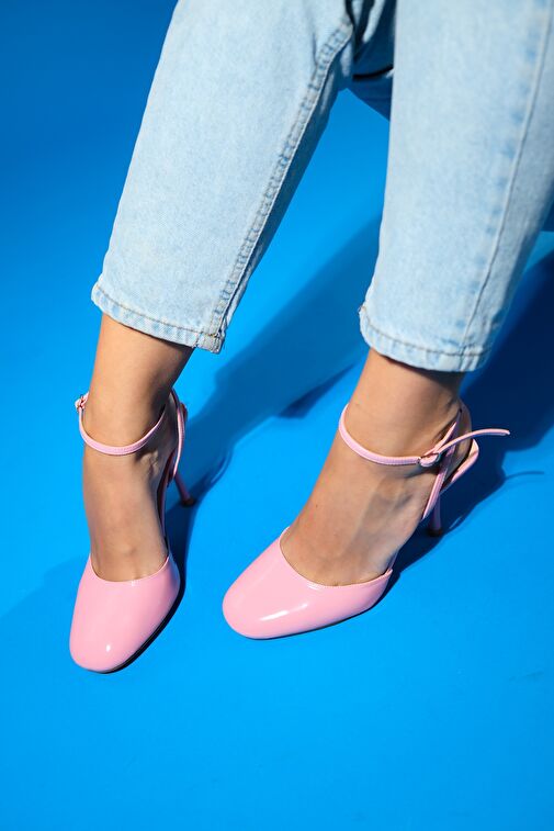 BLUES Pembe Rugan Yuvarlak Burun Bilekten Bağlamalı Kadın Yüksek Topuklu Ayakkabı - Görsel 7