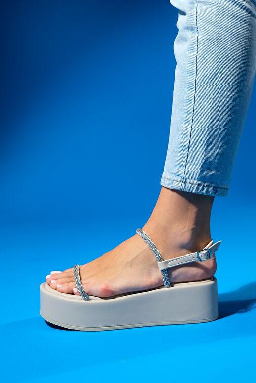 EKOS Krem Taşlı Kadın Kalın Taban Sandalet - Görsel 5