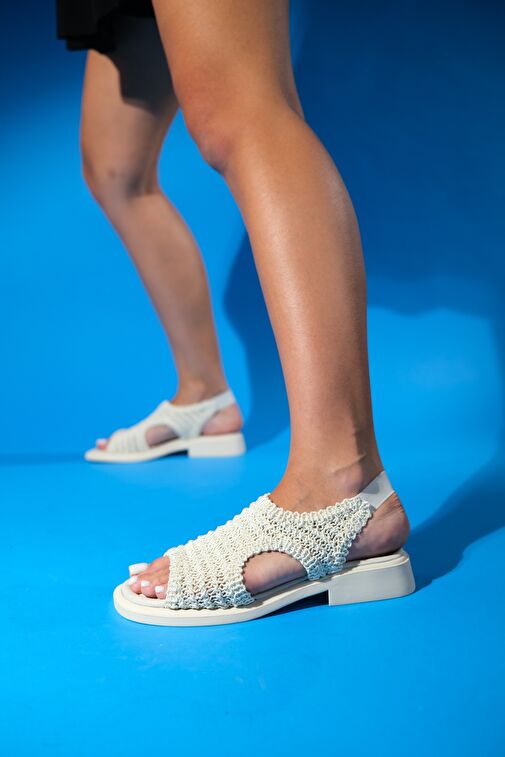 WEAVE Bej Örme Hakiki Deri Kadın Sandalet - Görsel 5